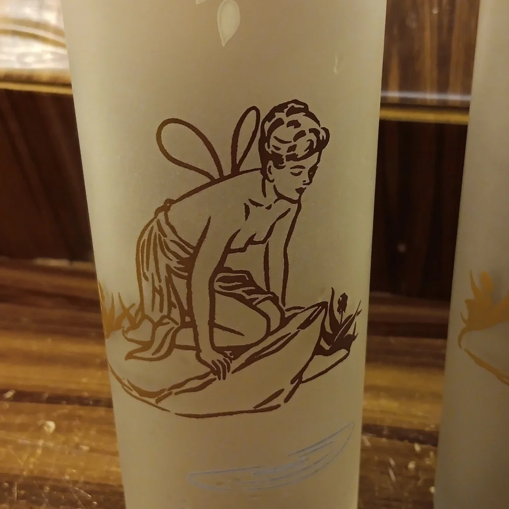 Vintage Libbey White Rocks tall frost nymph fairy highball barware glasses